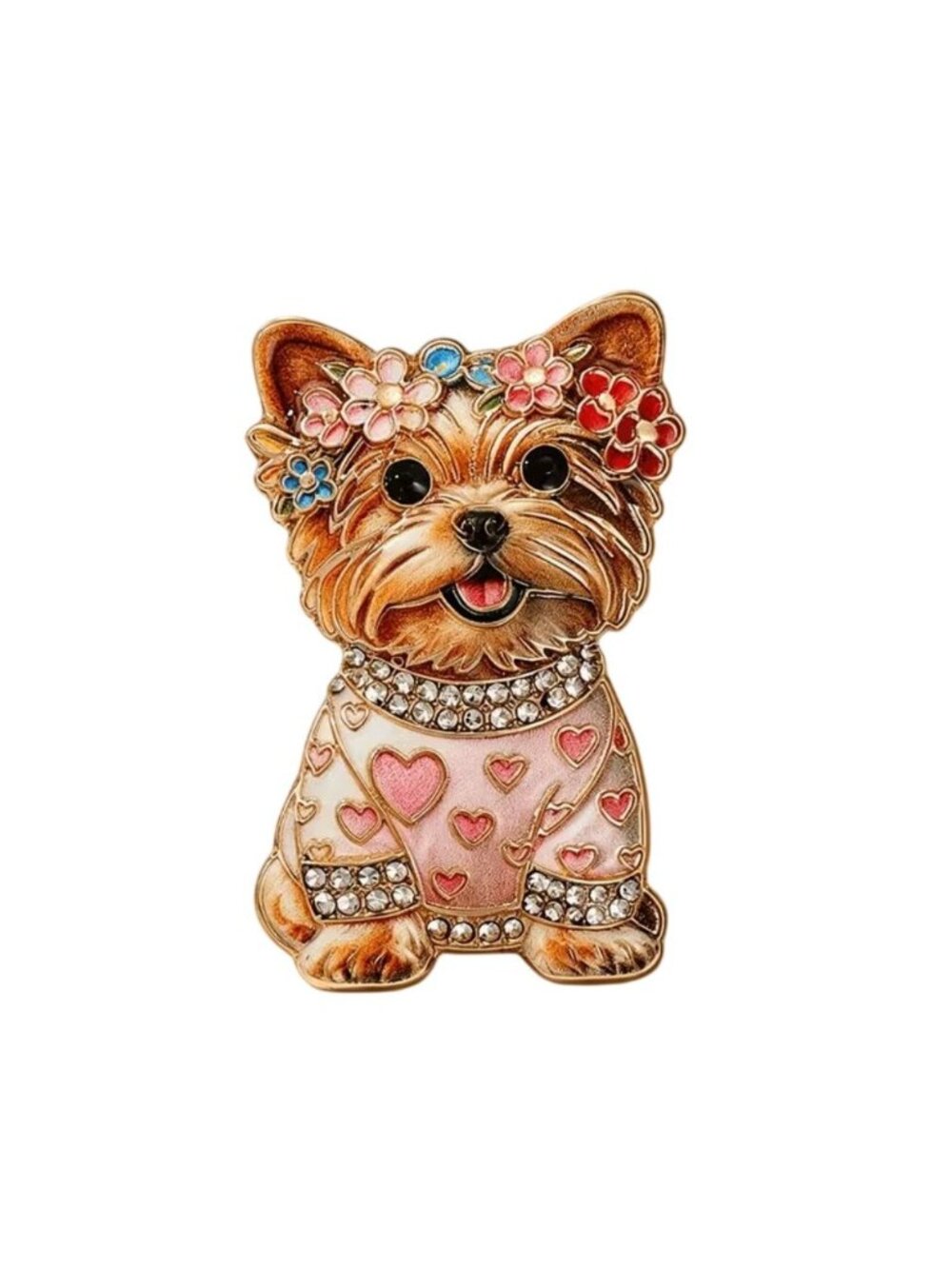 Yorkie Dog Brooch With Crystals & Pink Enamel Gold Tone